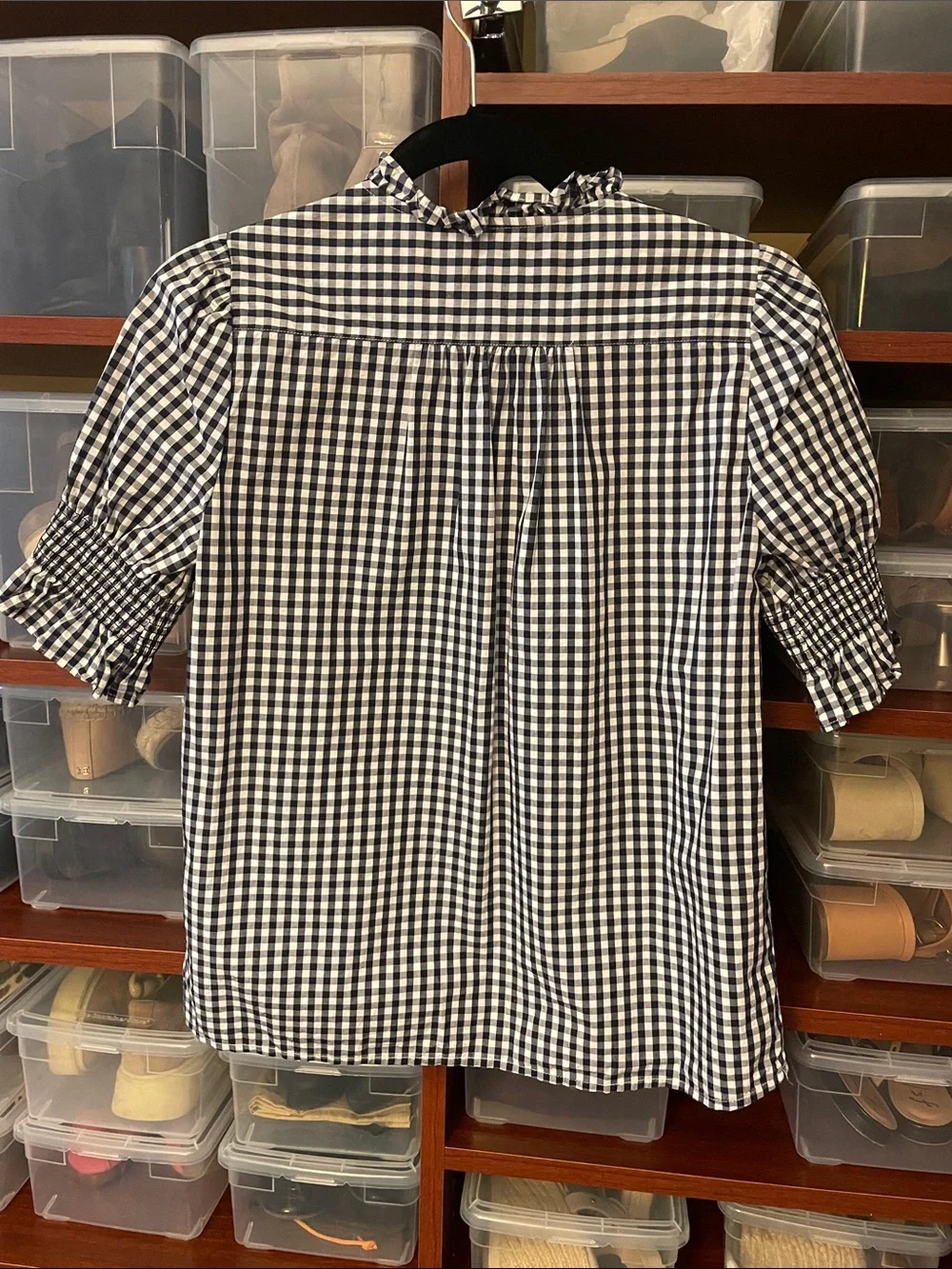 J. Crew Navy and White Gingham Ruffle-Neck Blouse